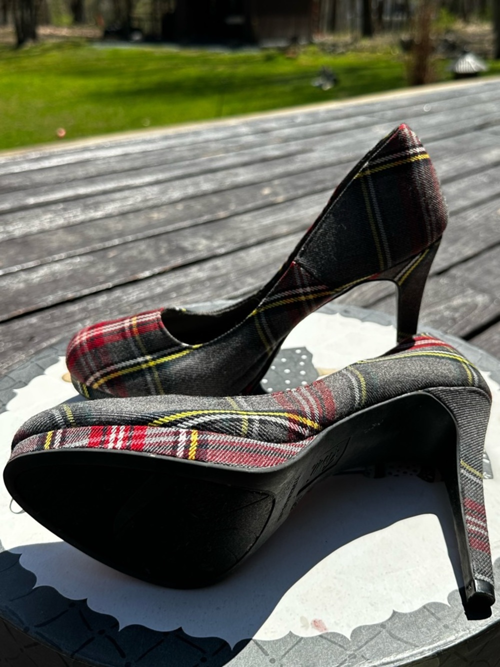 FIONI  Red Plaid High Heel Pumps with Black Accents